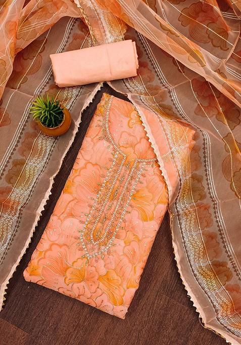 Peach Embroidered Poly Blend Dress Material