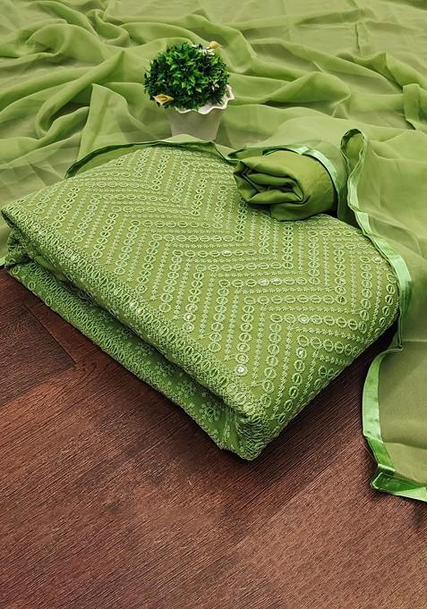 Green Embroidered Poly Blend Dress Material