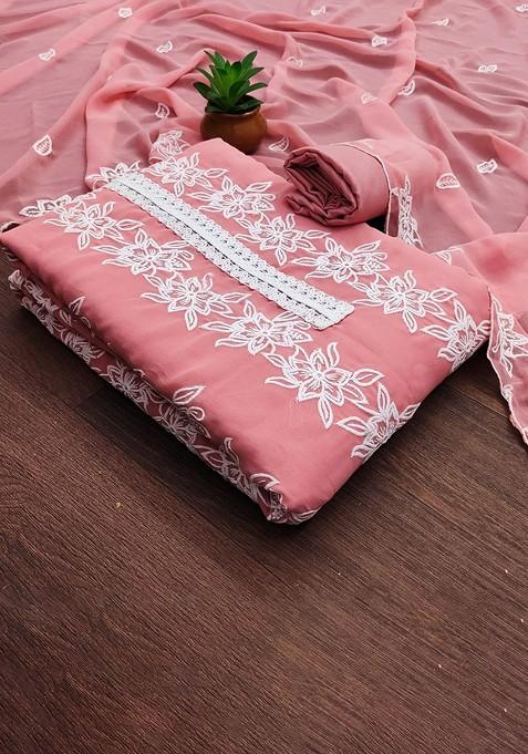 Pink Embroidered Poly Blend Dress Material