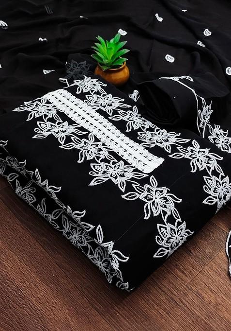 Black Embroidered Poly Blend Dress Material