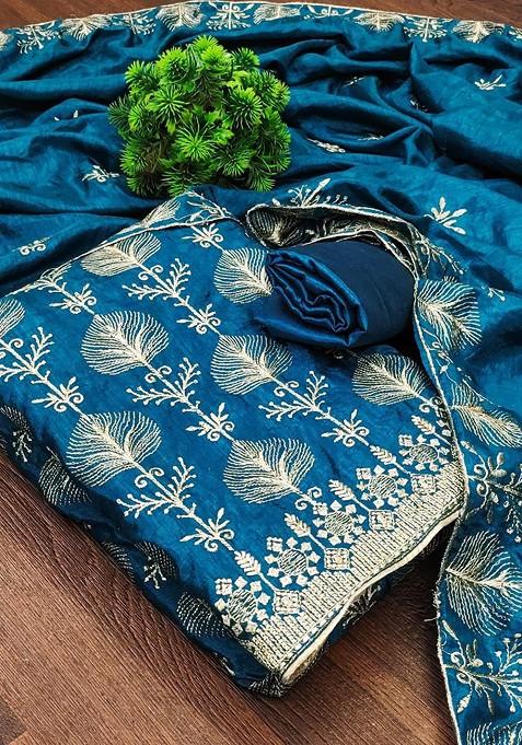 Blue Embroidered Poly Blend Dress Material