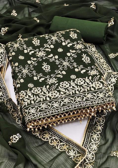 Green Embroidered Poly Blend Dress Material