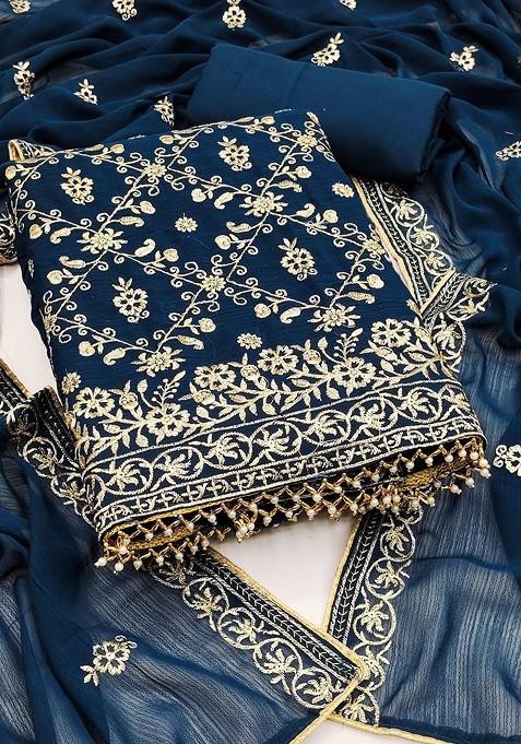 Blue Embroidered Poly Blend Dress Material