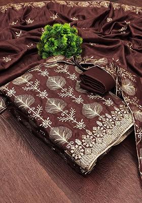 Brown Embroidered Poly Blend Dress Material