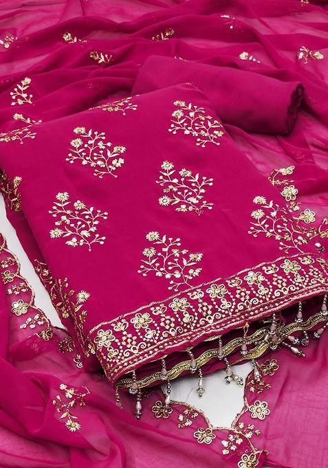 Rust Embroidered Poly Blend Dress Material