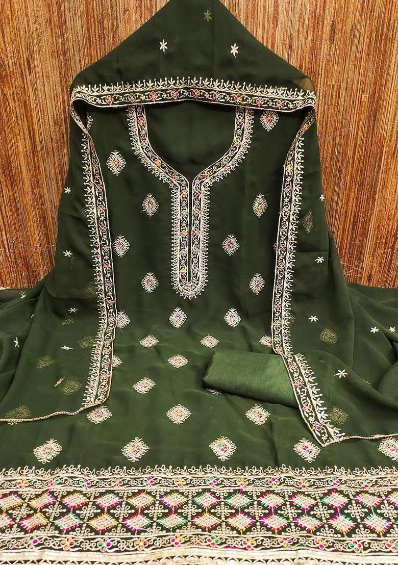 Green Embroidered Poly Blend Dress Material
