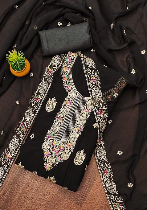 Black Embroidered Poly Blend Dress Material