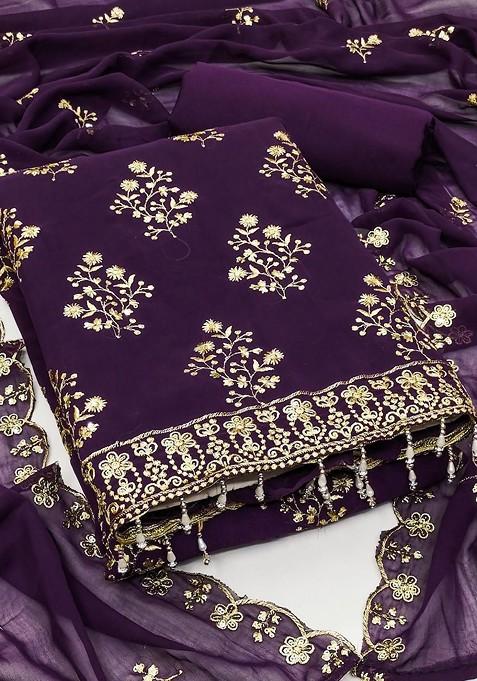 Purple Embroidered Poly Blend Dress Material