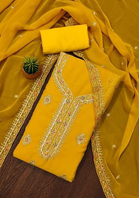 Golden Embroidered Poly Blend Dress Material