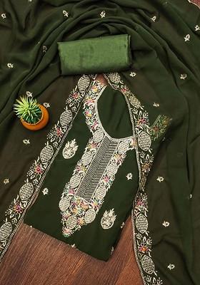 Green Embroidered Poly Blend Dress Material