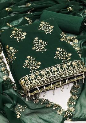 Green Embroidered Poly Blend Dress Material