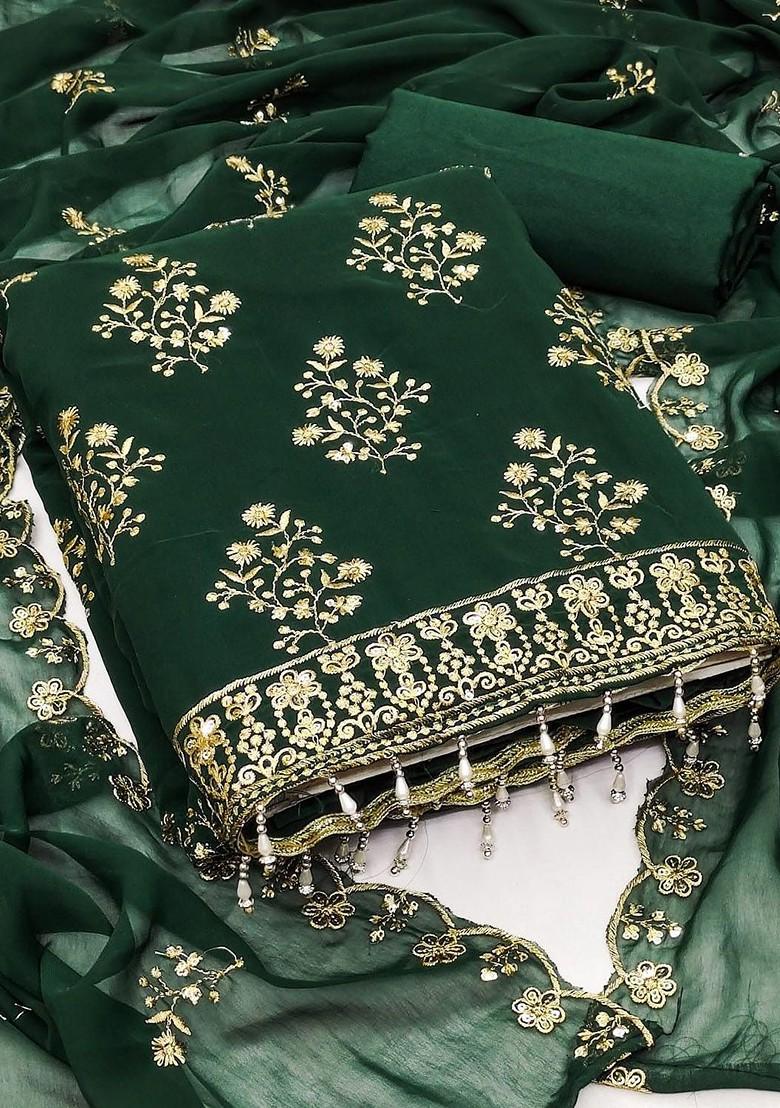 Green Embroidered Poly Blend Dress Material