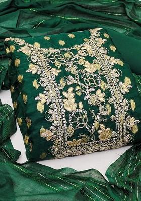 Green Embroidered Poly Blend Dress Material