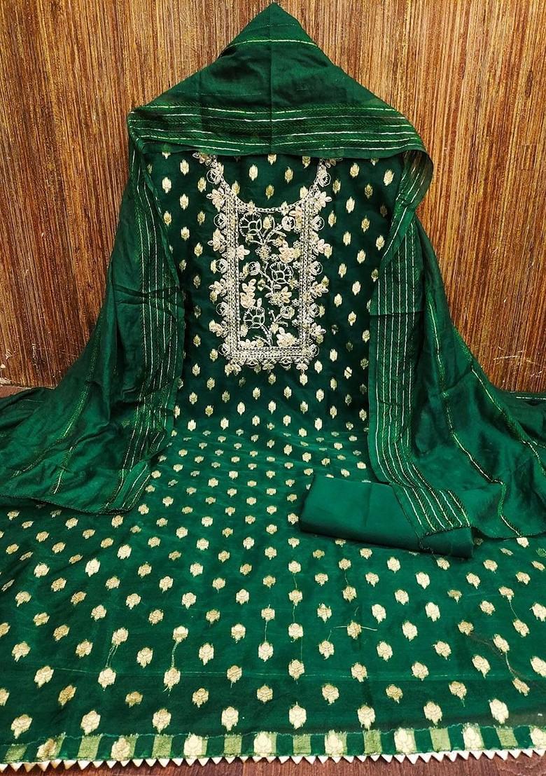 Green Embroidered Poly Blend Dress Material
