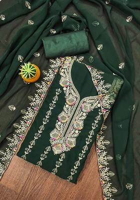 Green Embroidered Poly Blend Dress Material