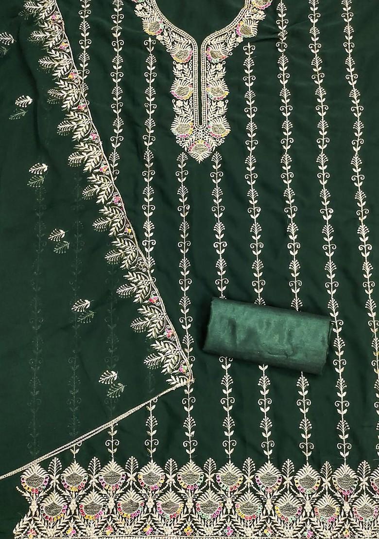 Green Embroidered Poly Blend Dress Material