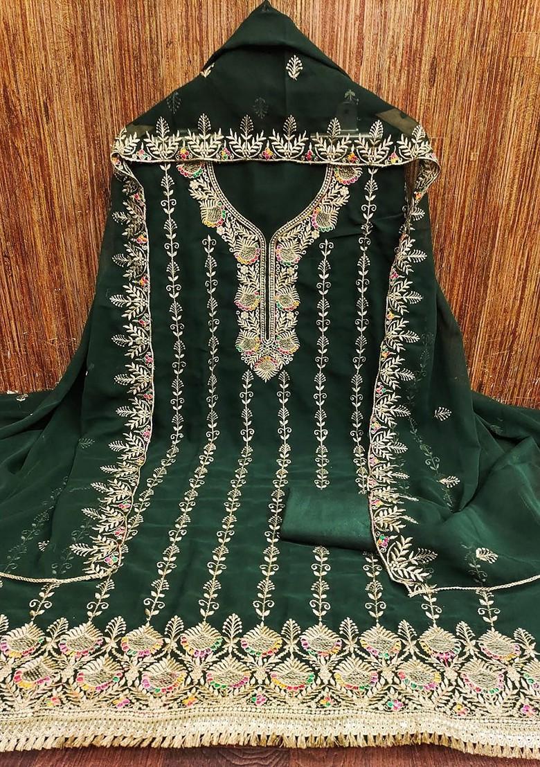 Green Embroidered Poly Blend Dress Material