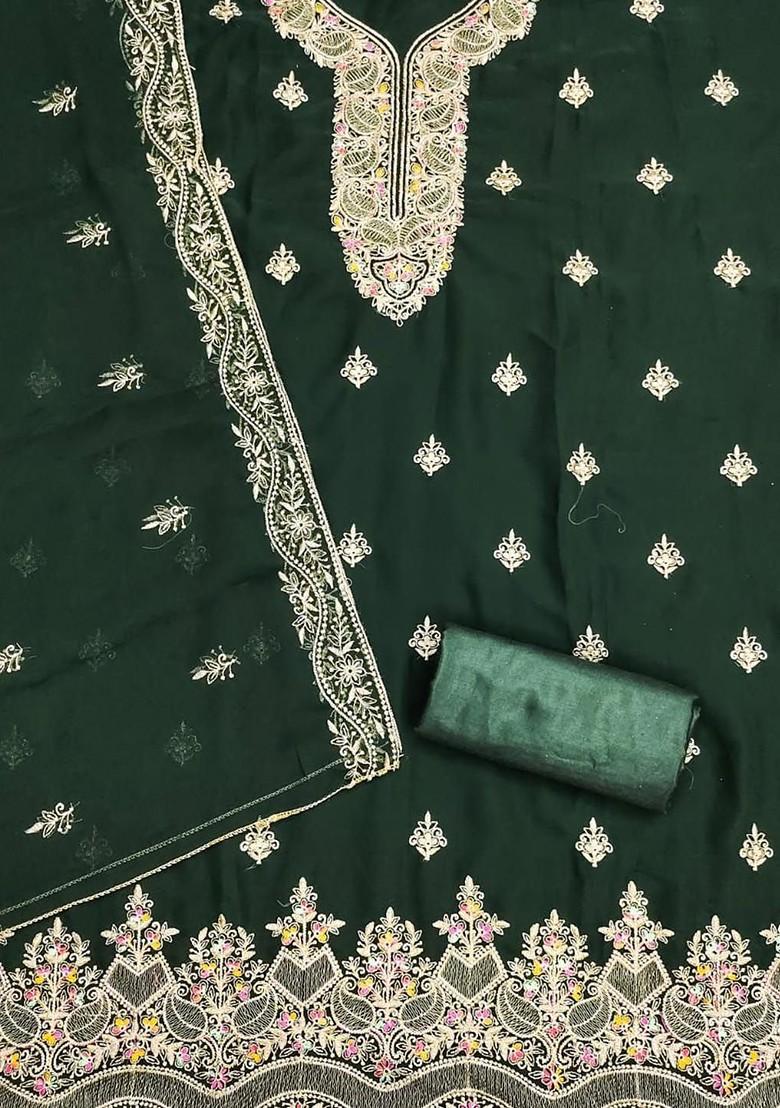 Green Embroidered Poly Blend Dress Material