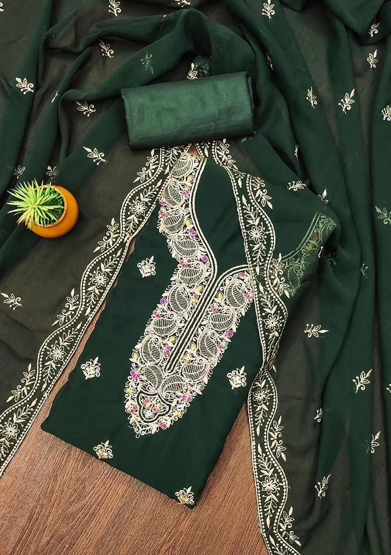 Green Embroidered Poly Blend Dress Material