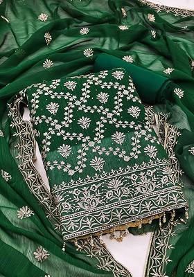 Green Embroidered Poly Blend Dress Material