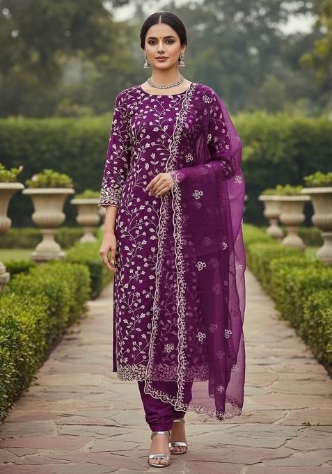 Purple Embroidered Poly Blend Dress Material