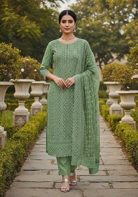 Olive Embroidered Poly Blend Dress Material
