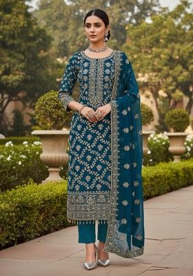 Turquoise Blue Embroidered Poly Blend Dress Material