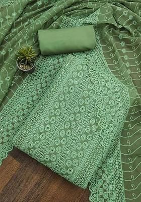 Sea Green Embroidered Poly Blend Dress Material