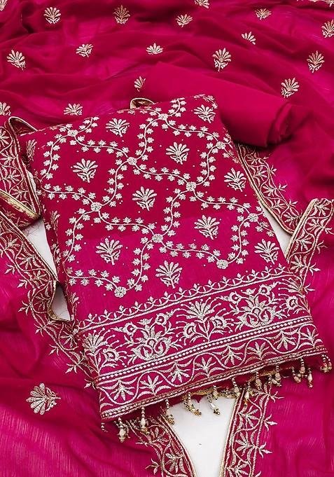 Red Embroidered Poly Blend Dress Material