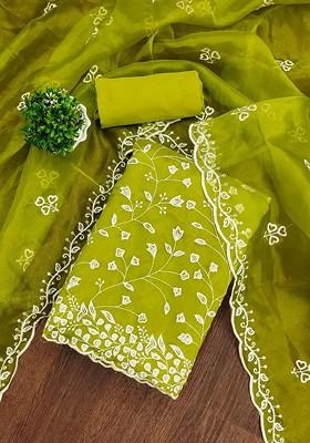 Green Embroidered Poly Blend Dress Material