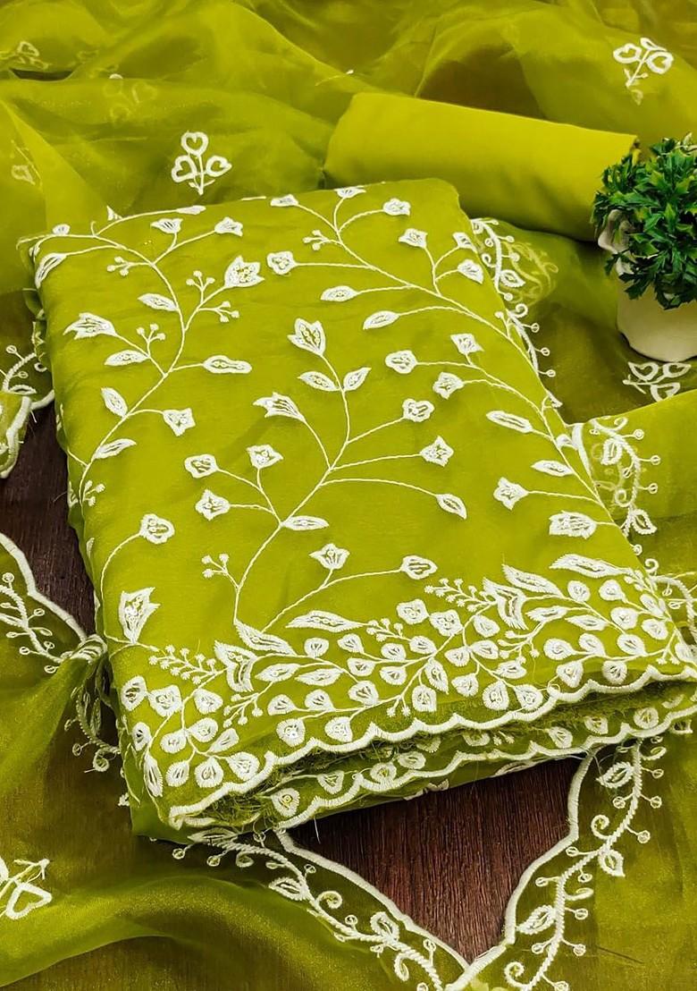 Green Embroidered Poly Blend Dress Material
