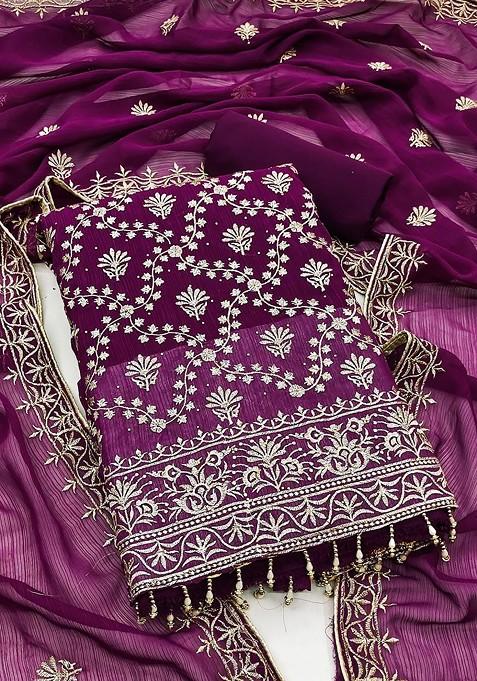 Purple Embroidered Poly Blend Dress Material