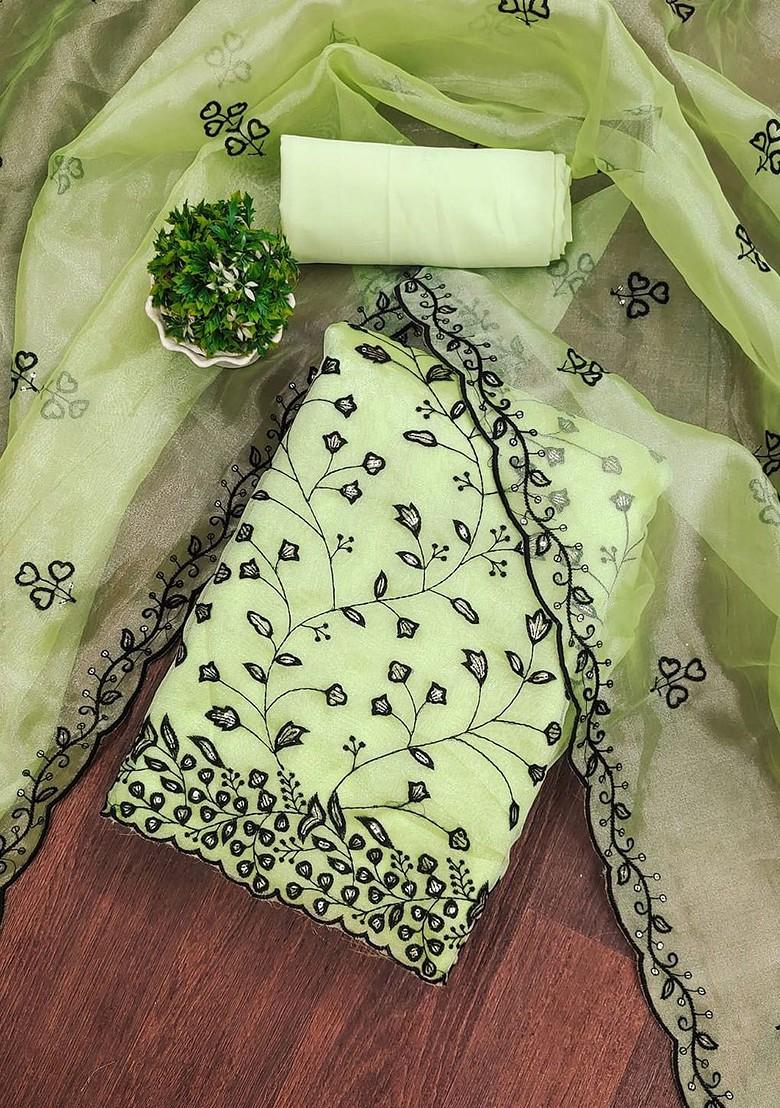 Green Embroidered Poly Blend Dress Material