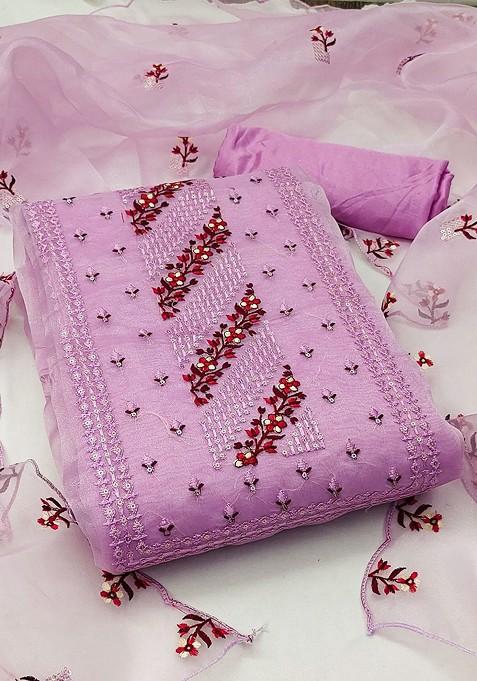 Magenta Embroidered Poly Blend Dress Material