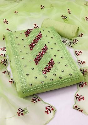 Green Embroidered Poly Blend Dress Material