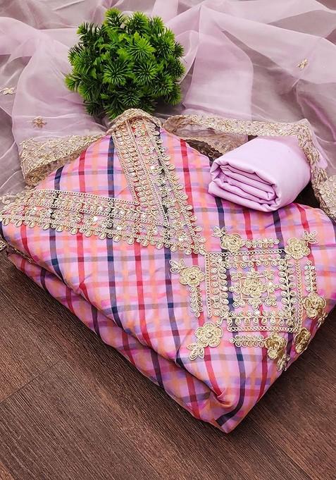 Pink Embroidered Poly Blend Dress Material