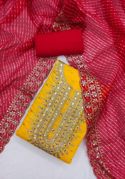 Golden Embroidered Poly Blend Dress Material