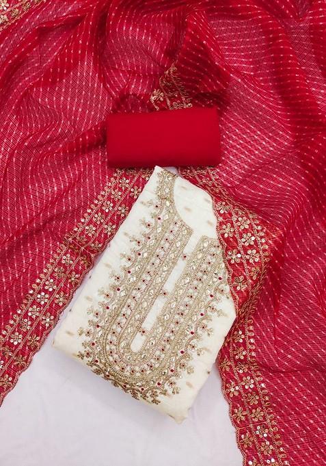 White Embroidered Poly Blend Dress Material