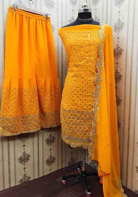 Yellow Embroidered Poly Blend Dress Material