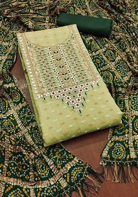 Green Embroidered Poly Blend Dress Material