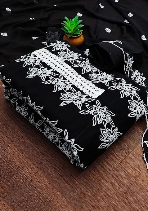 Black Embroidered Poly Blend Dress Material