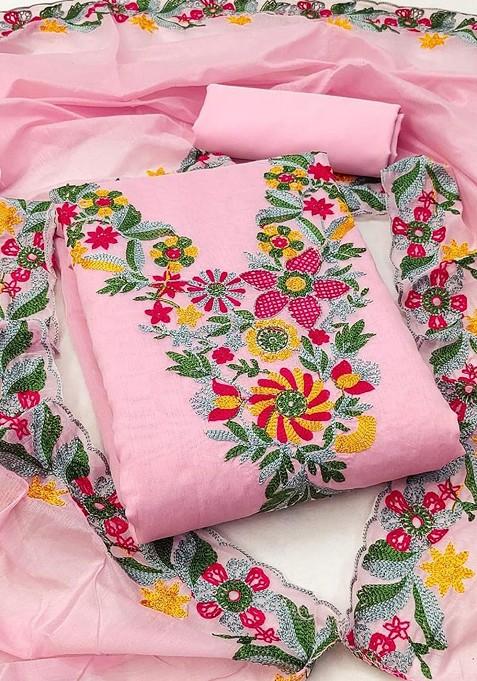 Pink Embroidered Poly Blend Dress Material
