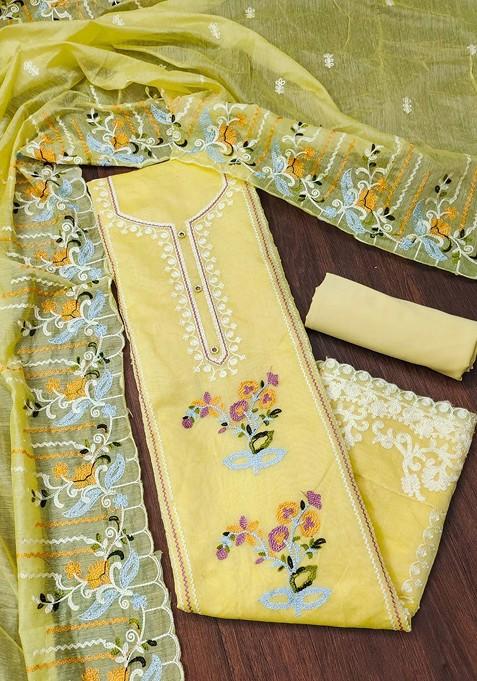 Yellow Embroidered Poly Blend Dress Material