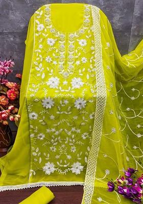 Sea Green Embroidered Poly Blend Dress Material