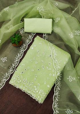 Green Embroidered Poly Blend Dress Material