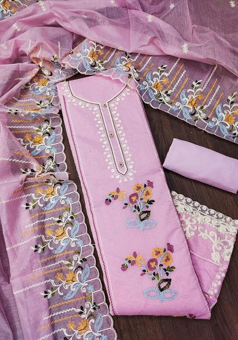 Pink Embroidered Poly Blend Dress Material