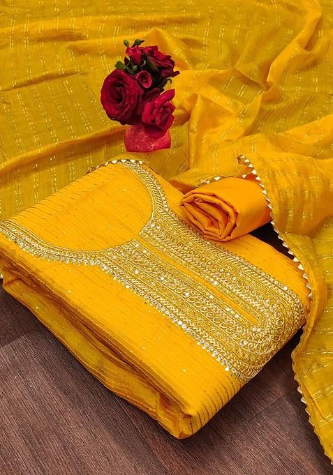 Yellow Embroidered Poly Blend Dress Material