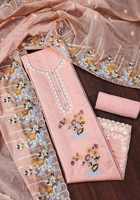Peach Embroidered Poly Blend Dress Material