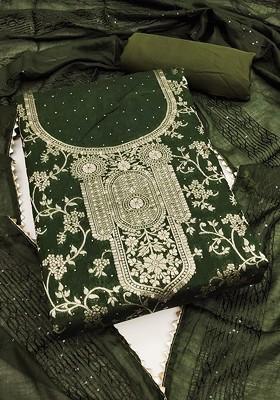 Green Embroidered Poly Blend Dress Material