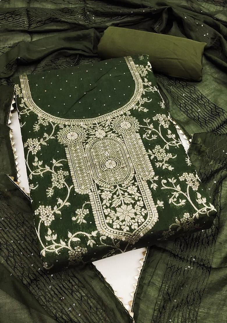 Green Embroidered Poly Blend Dress Material